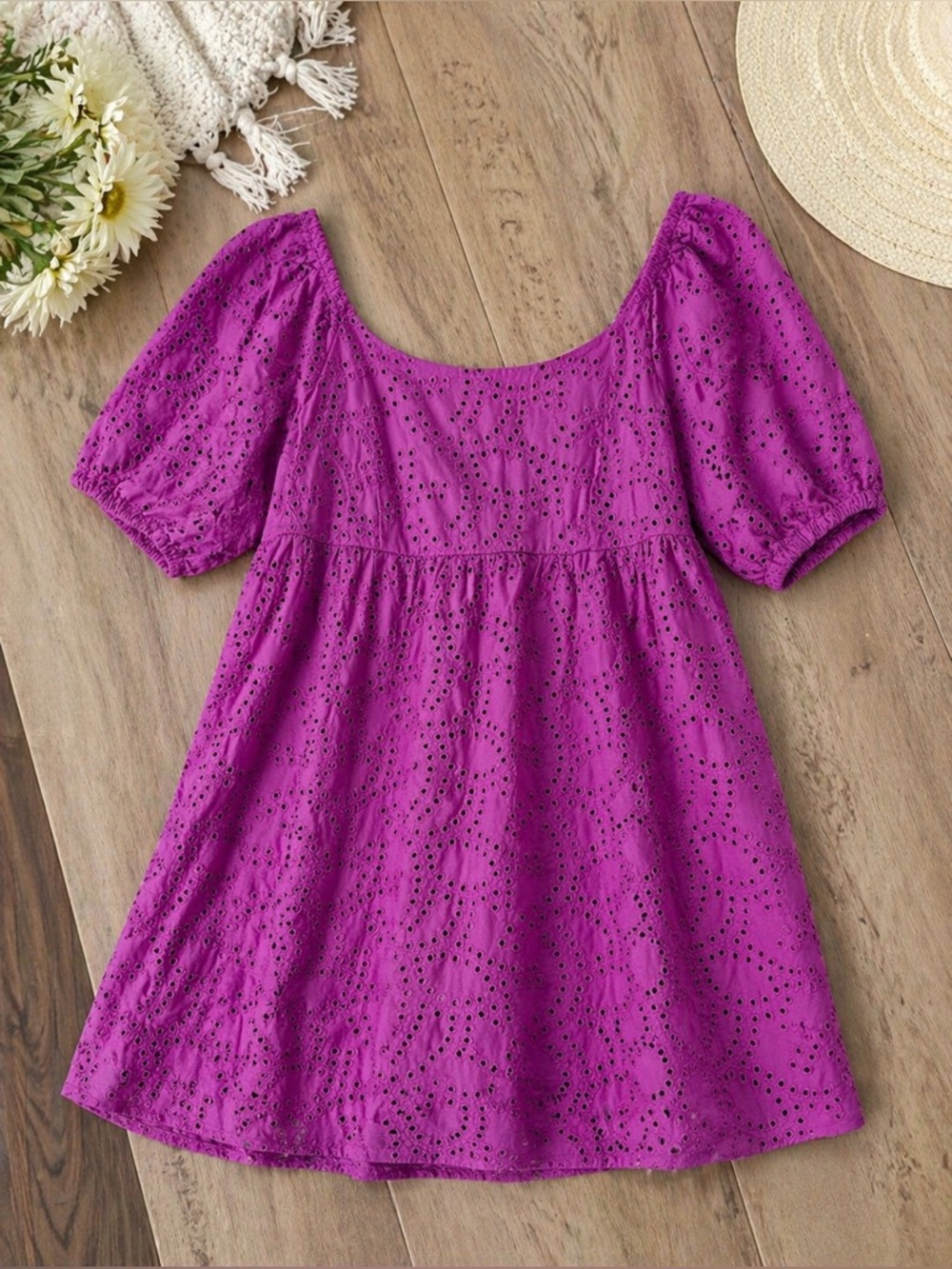 Time and Tru Magenta Eyelet Babydoll Dress NWT Size L 12-14 Puff Sleeve Summer